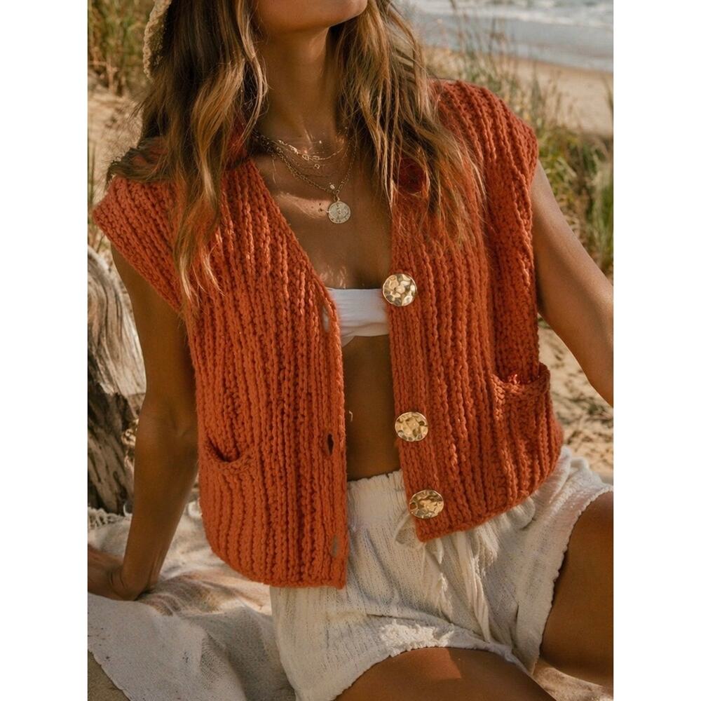70s Retro Rust Knit Vest Gold Button Boho Beach Layering Festival Top S